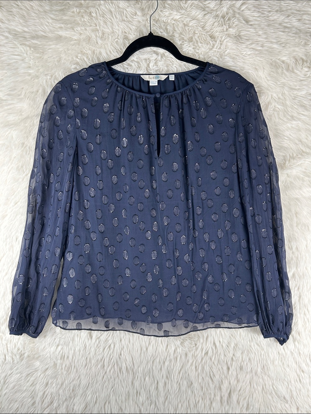 Boden Navy Dot-Texture Long Sleeve Silk Blend Blouse